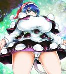  ass_visible_through_thighs blouse blue_eyes blue_hair breasts capelet colored_eyelashes doremy_sweet eyebrows from_below hat highres huge_breasts long_sleeves miniskirt nightcap panties pom_pom_(clothes) sentarou skirt solo tail tapir_tail thick_eyebrows touhou underwear upskirt white_blouse white_panties 