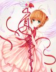  aaeru brown_hair cardcaptor_sakura choker collarbone dress elbow_gloves eyebrows eyebrows_visible_through_hair feathered_wings frilled_dress frills fuuin_no_tsue gloves green_eyes hair_bobbles hair_ornament kinomoto_sakura pink_dress pink_gloves red_choker red_ribbon ribbon short_hair solo staff strapless strapless_dress white_feathers white_wings wings 