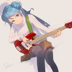  2016 alternate_costume bass_guitar blue_eyes blue_hair brown_skirt dated double_bun eyebrows eyebrows_visible_through_hair grey_background hat highres instrument kantai_collection long_hair long_sleeves looking_at_viewer music pantyhose playing_instrument pleated_skirt ribbed_sweater rota_(bitmap1022) shadow signature simple_background sitting skirt smile solo sweater urakaze_(kantai_collection) white_sweater 