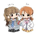  bow bowtie brown_eyes brown_hair chibi comic commentary drill_hair eating eyebrows flying_sweatdrops food hands_in_pockets houjou_karen idolmaster idolmaster_cinderella_girls iwashi_(ankh) kamiya_nao long_hair looking_at_another low_twintails multiple_girls necktie pocky ponytail school_uniform sketch striped striped_neckwear thick_eyebrows translation_request twintails yellow_eyes 
