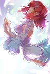  airrabbityan arched_back backless_outfit blue_background breasts closed_eyes dress feathers highres izetta light_particles medium_breasts parted_lips profile red_hair short_hair shuumatsu_no_izetta solo white_dress 