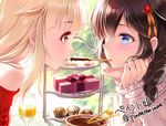  black_hair blonde_hair blue_eyes box casual chin_rest chocolate commentary_request face-to-face fondue food gift gift_box hair_flaps hair_ornament kantai_collection licking multiple_girls pocky pocky_day pocky_kiss red_eyes remodel_(kantai_collection) shared_food shigure_(kantai_collection) tiered_tray tongue tongue_out twitter_username youqiniang yuudachi_(kantai_collection) 