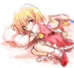  ascot bed_sheet blonde_hair blush flandre_scarlet frills furorida indoors legs_together lying mary_janes on_side open_mouth pillow pillow_hug puffy_short_sleeves puffy_sleeves red_eyes ribbon shadow shoes short_sleeves side_ponytail sketch skirt skirt_set socks solo tareme touhou white_background wings 