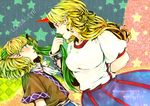  ameya_nihachi arm_behind_back blonde_hair cover cover_page doujin_cover flower from_side green_flower green_ribbon green_rose hair_flower hair_ornament hair_ribbon horn hoshiguma_yuugi long_hair looking_at_another mizuhashi_parsee multiple_girls pointy_ears profile ribbon rose scarf short_hair short_sleeves star starry_background touhou 