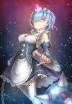  blood blood_on_breasts blood_on_face bloody_clothes blue_eyes blue_hair breasts chain cleavage glowing glowing_eye glowing_horn hair_ornament hair_over_one_eye horn looking_at_viewer maid maid_headdress medium_breasts omoti_(1201208) open_mouth re:zero_kara_hajimeru_isekai_seikatsu rem_(re:zero) shiny short_hair solo torn_clothes upper_body x_hair_ornament 