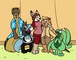  2016 aliasing alternate_color anthro canine caprine clothed clothing digital_media_(artwork) dress eyewear fan_character feline female fur gamta glasses goat goodra grass green_eyes group hair horn long_ears looking_at_viewer lynx maid_uniform male mammal naga nintendo orange_eyes pants pok&eacute;mon red_eyes reptile riolu scalie shirt shocked shorts simple_background smile snake teeth thick_thighs tongue tongue_out trout_(artist) uniform video_games wide_hips 