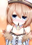  bare_shoulders blanc blue_eyes blush brown_hair food fur_trim hat highres looking_at_viewer neptune_(series) pocky pocky_kiss shared_food shironeko_haru short_hair solo 