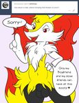  animal_genitalia ask_blog balls braixen canine cute_fangs dialogue flat_colors front_view fully_sheathed hand_on_hip kurama_the_braixen looking_at_viewer male mammal mrpandragon navel nintendo open_mouth pok&eacute;mon sheath solo speech_bubble standing talking_to_viewer tumblr video_games 