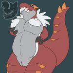  anthro areola belly big_breasts black_sclera breasts claws dinosaur erect_nipples female front_view fur grey_skin hand_on_breast holding_breast looking_at_viewer navel nintendo nipples nude pok&eacute;mon posexe pussy red_skin reptile scalie simple_background slightly_chubby smile solo spikes standing theropod thick_thighs tyrannosaurus_rex tyrantrum video_games watermark white_eyes white_fur wide_hips 