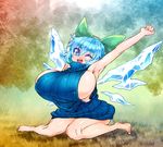  armpits bad_anatomy bad_perspective bad_proportions blue_eyes blue_hair bow breasts cirno colored_eyelashes commentary_request eyebrows hair_bow highres huge_breasts ice ice_wings naked_sweater one_eye_closed ribbed_sweater round_teeth sentarou sideboob sleeveless solo sweater teeth thick_eyebrows touhou wings 