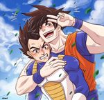  armor artist_name blue_sky brown_eyes brown_hair clenched_teeth cloud collarbone day dougi dragon_ball dragon_ball_z highres leaf male_focus mewwi_chutarat multiple_boys muscle open_mouth signature sky smile son_gokuu spiked_hair sweatdrop teeth trembling v vegeta wristband 