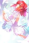  airrabbityan arched_back backless_outfit blue_background breasts closed_eyes dress feathers highres izetta light_particles medium_breasts parted_lips profile red_hair short_hair shuumatsu_no_izetta solo white_dress 