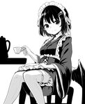  alternate_costume alternate_headwear bird_wings bloomers commentary_request cup enmaided feathered_wings greyscale knees_together_feet_apart looking_at_viewer maid maid_headdress monochrome pointy_ears pyonsuke_(pyon2_mfg) shameimaru_aya short_hair sitting smile solo teacup thighhighs touhou underwear wings 