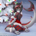  2016 anthro big_breasts black_hair black_skin bottomless breasts butt christmas christmas_tree clothed clothing female fish hair holidays jackalope_(artist) mammal marine orange_eyes raised_tail red_eyes red_hair red_skin shark side_boob smile solo stripes tree 