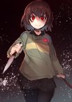  blurry brown_hair chara_(undertale) cowboy_shot crazy depth_of_field heart heart_necklace holding holding_knife jewelry knife long_sleeves looking_at_viewer otokuyou pendant red_eyes reverse_grip shirt short_hair sketch solo undertale 