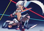  absurdres altera_(fate) arm_warmers armpits breasts dark_skin fate/grand_order fate_(series) highres itaco1987 midriff navel photon_ray red_eyes reverse_grip small_breasts solo squatting strapless sword tattoo tubetop veil weapon 