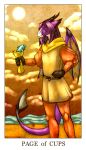 anthro blue_eyes card clothed clothing cloud cup darktoast dragon feralise fish hair horn male marine membranous_wings minor_arcana outside page_of_cups_(tarot) purple_hair purple_scales scales sky solo sun tarot_card water white_scales wings 