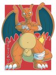  animal_genitalia arm_wraps balls charizard cute_fangs english_text flint_the_charizard front_view horn leg_wraps long_neck looking_at_viewer male membranous_wings mrpandragon musclegut muscular navel nintendo pinup pok&eacute;mon pose scalie scar semi-anthro sheath solo spread_wings standing text video_games wings wraps 