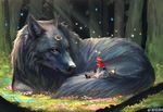 animal arizuka_(13033303) basket bug butterfly corset eye_contact flower forest head_wreath hood insect light_rays little_red_riding_hood looking_at_another nature original oversized_animal sitting size_difference skirt tree twitter_username wolf 
