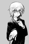  adjusting_clothes adjusting_necktie bags_under_eyes bangs chain collared_shirt formal grey_background greyscale hankuri hunter_x_hunter jewelry kurapika long_sleeves looking_at_viewer male_focus monochrome music necktie outstretched_hand ring shirt simple_background singing solo suit upper_body wide-eyed 