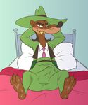  anthro barefoot bed blush clothed clothing disney fangs feet flat_colors foot_focus formal fully_clothed greasy_(character) hands_behind_head ladysomnambule looking_at_viewer mammal mustelid naughty_face necktie on_bed sharp_teeth sweat teeth tenting weasel wet_spot who_framed_roger_rabbit 