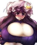  breasts cleavage commentary_request covered_nipples food gigantic_breasts hat highres long_hair meme_attire mob_cap open-chest_sweater patchouli_knowledge pocky pocky_day purple_eyes purple_hair ribbed_sweater sentarou solo sweater touhou very_long_hair 