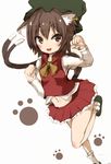  :d animal_ears ascot bangs bare_legs blush brown_eyes brown_hair cat_ears cat_paws cat_tail chen clenched_hands frilled_skirt frills full_body hair_between_eyes hat jewelry kihuzinz long_sleeves long_tail looking_at_viewer mary_janes midriff miniskirt mob_cap multiple_tails navel open_mouth paw_pose paws pleated_skirt red_skirt red_vest shoes short_hair simple_background single_earring sketch skirt smile socks solo standing standing_on_one_leg tail touhou tsurime two_tails vest white_background yellow_neckwear 