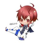  ahoge arsloid bandaid bandaid_on_face character_name chibi full_body grin headphones headphones_around_neck heart heart-shaped_pupils male_focus nyaashan red_eyes red_hair school_uniform simple_background smile solo symbol-shaped_pupils vocaloid white_background 