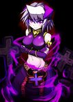  1girl breasts bridal_gauntlets duel_monster isolde_belle_of_the_underworld large_breasts looking_at_viewer midriff navel pointy_ears purple_eyes smile solo spirit-edge white_hair yu-gi-oh! yuu-gi-ou_duel_monsters 