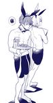  2boys barefoot bunny_ears bunny_tail detached_collar detached_sleeves drink food full_body high_speed! kirishima_natsuya male_focus megumi-square monochrome multiple_boys serizawa_nao short_hair swim_trunks topless tray 