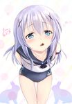  arms_behind_back blue_eyes blush collarbone commentary_request cosplay eyebrows eyebrows_visible_through_hair food gochuumon_wa_usagi_desu_ka? hair_between_eyes hair_ornament incoming_pocky_kiss kafuu_chino kantai_collection long_hair looking_at_viewer maruma_(maruma_gic) one-piece_swimsuit pocky pocky_day pocky_kiss ro-500_(kantai_collection) ro-500_(kantai_collection)_(cosplay) sailor_collar school_swimsuit shared_food shiny shiny_skin signature silver_hair solo swimsuit swimsuit_under_clothes x_hair_ornament 