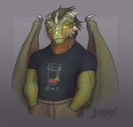  2015 anthro argonian biceps black_clothing brown_clothing brown_eyes clothed clothing digital_drawing_(artwork) digital_media_(artwork) dragon feranta front_view green_hair green_scales grey_background hair half-closed_eyes half-length_portrait hand_in_pocket horn hybrid male markings membranous_wings multicolored_scales muscular muscular_male no_pupils orange_markings orange_scales pants pecs portrait scales scalie shirt signature simple_background skal-tel smile snout standing the_elder_scrolls two_tone_scales video_games wings yellow_sclera 