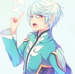  angry blue_background chi_yu commentary eyebrows eyebrows_visible_through_hair hand_on_hip index_finger_raised male_focus mikleo_(tales) patterned_background purple_eyes solo striped striped_background tales_of_(series) tales_of_zestiria upper_body white_hair 