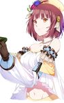  atelier_(series) atelier_sophie bead_necklace beads beret blue_flower brown_gloves brown_hair cross-laced_clothes flower frills gloves hair_flower hair_ornament hat highres jewelry liu_chi_tiantang_fr long_sleeves looking_at_viewer midriff navel necklace off_shoulder orange_eyes pink_flower puffy_long_sleeves puffy_sleeves short_hair simple_background smile solo sophie_neuenmuller upper_body white_background white_flower yellow_hat 