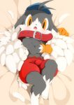  anthro barefoot baseball_cap bed big_ears bulge clothed clothing collar cub gloves hat klonoa klonoa_(series) lagomorph looking_at_viewer lying male mammal nekokagebevil on_back on_bed open_mouth rabbit shorts slim solo tight_clothing topless wide_eyed young 