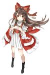  1girl alternate_costume black_footwear blush boots bow brown_eyes brown_hair christmas clip_studio_paint dress from_above full_body fur_trim hair_bow hair_ornament hakurei_reimu highres jacket long_hair looking_at_viewer mokona1107 own_hands_together red_dress red_jacket simple_background smile solo standing star star_hair_ornament striped striped_bow touhou white_background white_dress yellow_eyes 