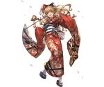  blonde_hair floral_print flower full_body granblue_fantasy hair_flower hair_ornament holding japanese_clothes kimono looking_at_viewer minaba_hideo obi official_art open_mouth petals ponytail ribbon sandals sash smile solo tabi transparent_background vira_lilie wide_sleeves 