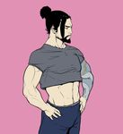  1boy beard facial_hair hanzo_(overwatch) male_focus muscle overwatch pink_background solo tattoo 