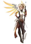  bad_id bad_pixiv_id bodysuit full_body glowing glowing_wings high_ponytail highres holding holding_staff long_hair mechanical_halo mechanical_wings mercy_(overwatch) overwatch pantyhose simple_background solo spread_wings staff standing white_background wings yellow_wings youxuemingdie 