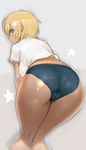  ahoge ass blonde_hair blue_buruma blue_eyes breasts buruma cameltoe covered_anus dark_skin from_behind gym_uniform large_breasts leaning_forward looking_back mito_ikumi pink_crown shirt shokugeki_no_souma short_hair short_sleeves solo 