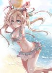  abukuma_(kantai_collection) armpits arms_up backlighting ball bangs beach beachball bikini blonde_hair blue_eyes breasts cleavage collarbone day expressionless feet_out_of_frame flipped_hair frilled_bikini frills hair_between_eyes hair_intakes kantai_collection long_hair looking_at_viewer medium_breasts meguri_uguisu navel outdoors outstretched_arms scrunchie shiny short_hair_with_long_locks solo swimsuit tareme water wrist_scrunchie wristband 