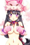  :o animal_hat artist_request bangs black_hair blunt_bangs blush breasts choker collarbone covering covering_breasts cowboy_shot eyebrows eyebrows_visible_through_hair eyelashes fangs flower_knight_girl gloves hair_ribbon hat heart heart_background large_breasts long_hair looking_at_viewer navel nude open_mouth paw_gloves paws pink_gloves pink_hat purple_eyes red_ribbon ribbon shakuyaku_(flower_knight_girl) shiny shiny_skin solo stomach tress_ribbon wolf_hat wolf_paws 