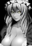  alternate_eye_color bangs breasts cleavage closed_mouth collarbone commentary_request diisuke glowing glowing_eyes hair_between_eyes half-closed_eyes hat large_breasts lips long_hair looking_at_viewer mob_cap monochrome puffy_short_sleeves puffy_sleeves short_sleeves slit_pupils smile solo spot_color touhou upper_body yakumo_yukari yellow_eyes 