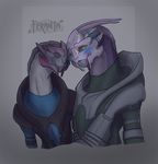  2015 alien armor blue_clothing blue_markings blush clothed clothing colored cute duo eyes_closed fan_character female feranta grey_body half-length_portrait helexiah humanoid light loganhen male male/female markings mass_effect open_mouth open_smile pink_markings portrait purple_body purple_markings romantic_couple shaded shirt side_view smile toony turian video_games white_markings 