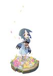  :o absurdres blue_hair child doll_hug flower hanashiro_madoka highres hyakkihei majo_to_hyakkihei majo_to_hyakkihei_2 milm petals simple_background standing stitches white_background yellow_eyes 