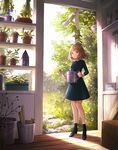  :o birdhouse blue_dress blue_legwear brown_hair bucket dress forest grass high_heels indoors jewelry lazuri7 long_sleeves looking_at_viewer nature necklace original plant potted_plant red_eyes shadow shelf short_hair socks solo stepping_stones vines watering_can wooden_floor 