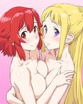  asymmetrical_docking bangs blonde_hair blunt_bangs blush body_blush breast_press breasts collarbone embarrassed from_side hair_ornament hand_on_another's_back hand_on_another's_shoulder hug izetta long_hair looking_at_viewer looking_to_the_side medium_breasts multiple_girls nude ortfine_fredericka_von_eylstadt pink_background ponytail red_eyes red_hair short_hair shuumatsu_no_izetta sidelocks simple_background small_breasts tareme ueyama_michirou upper_body very_long_hair wavy_mouth x_hair_ornament yuri 