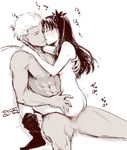  1girl 2016 abs archer artist_name ass bad_id bad_pixiv_id black_hair blush censored cowgirl_position dark_skin dark_skinned_male fate/stay_night fate_(series) girl_on_top hair_ornament hair_ribbon hetero kiss long_hair monochrome nude penis ribbon saliva sex simple_background straddling thighhighs_removed toosaka_rin two_side_up upright_straddle vaginal white_background yukako_(toyoyuki) 