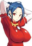  adjusting_hair arms_behind_head arms_up blue_hair blush breasts commentary_request covered_nipples diisuke juliet_sleeves large_breasts long_sleeves looking_at_viewer mirror mouth_hold puffy_sleeves red_eyes red_shirt rope shirt solo string touhou tying_hair upper_body white_background yasaka_kanako 