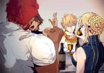  3boys ahoge artoria_pendragon_(all) artoria_pendragon_(lancer) bare_shoulders beard black_shirt blonde_hair blue_eyes blue_shirt blurry bottle braid braided_bun breasts brown_hair cleavage_cutout closed_eyes dark_skin depth_of_field earrings facial_hair fate/grand_order fate/prototype fate/prototype:_fragments_of_blue_and_silver fate/stay_night fate/zero fate_(series) from_behind gilgamesh goblet gold gradient gradient_background hair_bun hand_rest jewelry large_breasts long_hair looking_away looking_down multiple_boys necklace ozymandias_(fate) pvc_parfait red_hair rider_(fate/zero) shiny shiny_skin shirt sidelocks sitting sleeveless sleeveless_shirt t-shirt table tsurime turtleneck upper_body white_shirt wine_bottle 